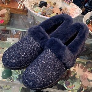 Skechers sparkle lite memory foam house slippers furry new QVC navy blue